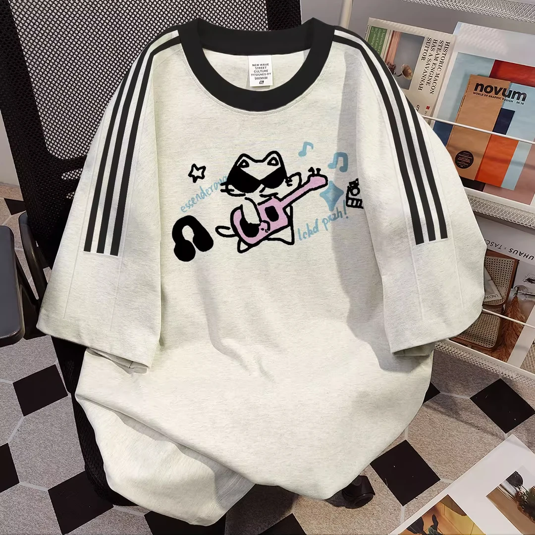 大码300斤潮牌小众可爱猫咪三杠短袖t恤男女夏季新款宽松重磅上衣