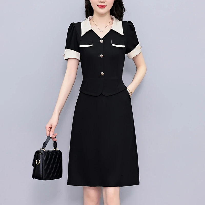 职场气质拼色大码女装胖mm短袖修身显瘦2025夏季新款阔太太连衣裙