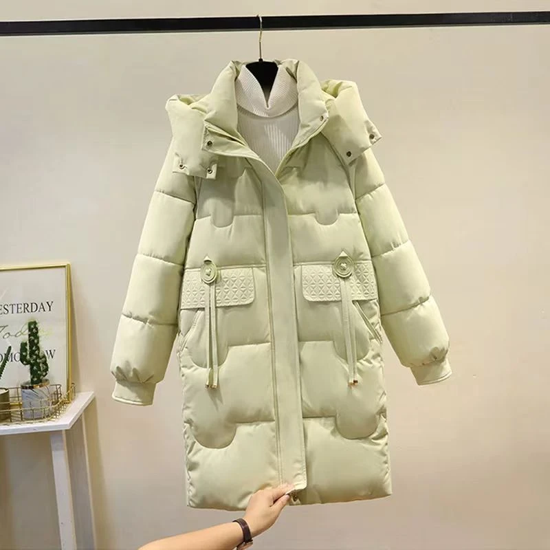 女常规纯色棉衣褶皱棉服长袖不褪色宽松型中长款厚款显瘦时尚女装