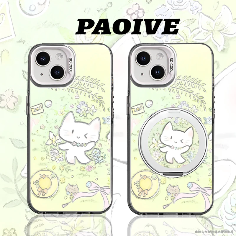 适用苹果华为vivo一加iPhone14小米三星线条喵喵防摔彩银手机壳