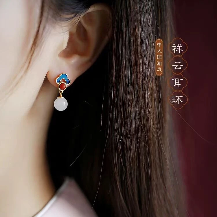 古风珐琅彩925银耳针复古宫廷中国风999耳钉奢侈品