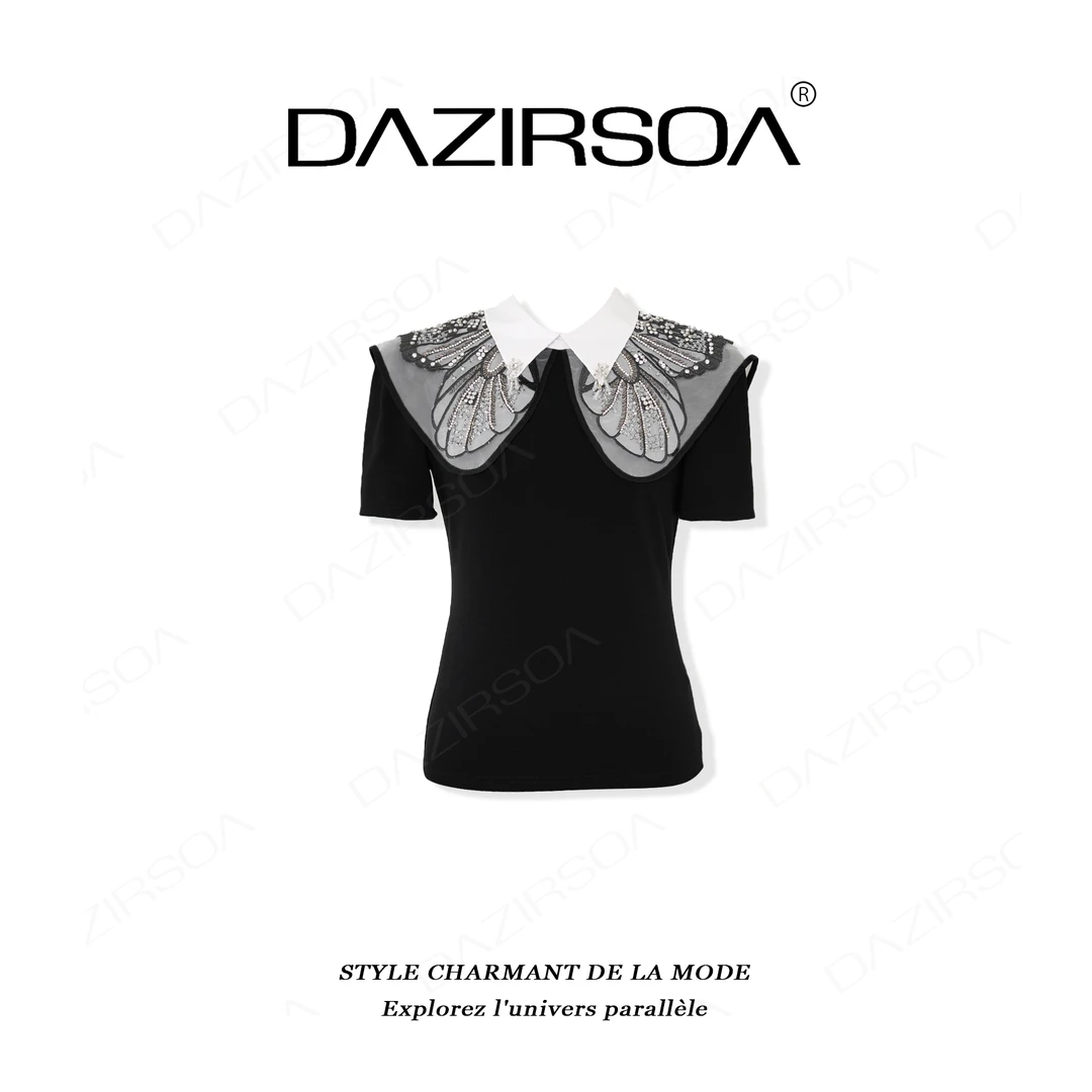 DAZIRSOA/达姿“风姿依旧”时尚百搭拼接立体法绣海军领上衣 Y732