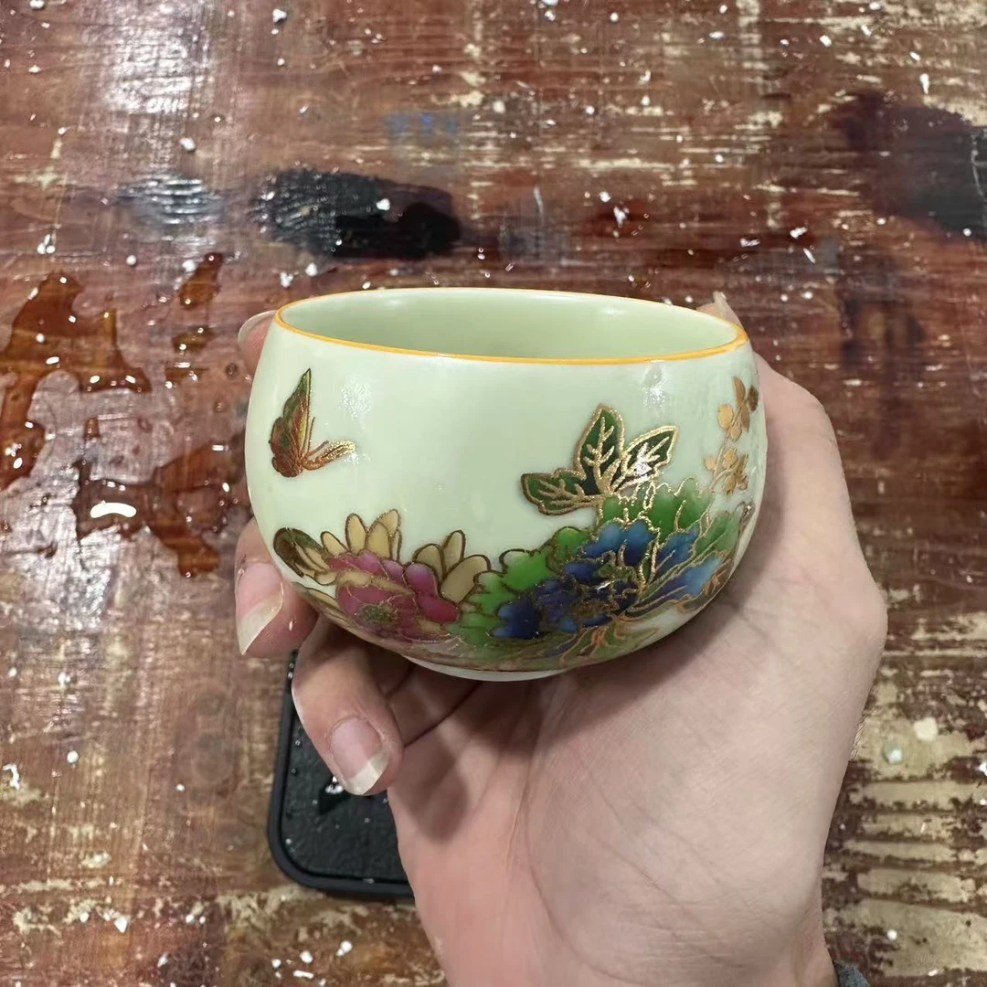 陶瓷黄釉描金创意蝶恋花遇热变色禅定器型主人茶杯（不含茶盘）3394