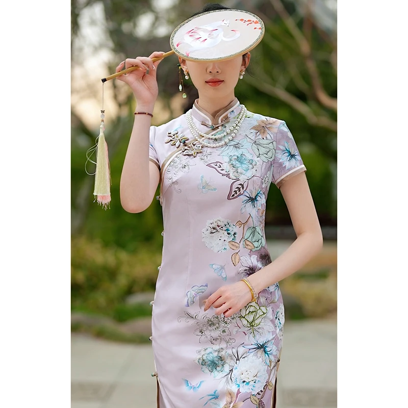 手工旗袍53894 金吴针全开襟旗袍气质复古优雅显瘦中长款日常春夏