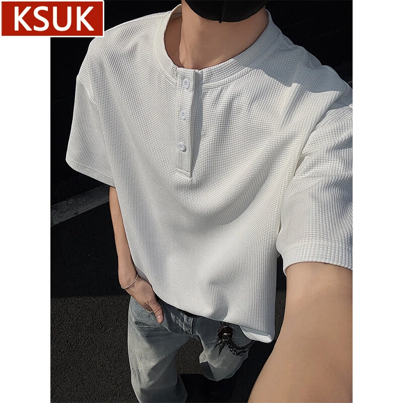 KSUK复古华夫格短袖男亨利领男T恤夏季潮牌纯色宽松百搭休闲半袖