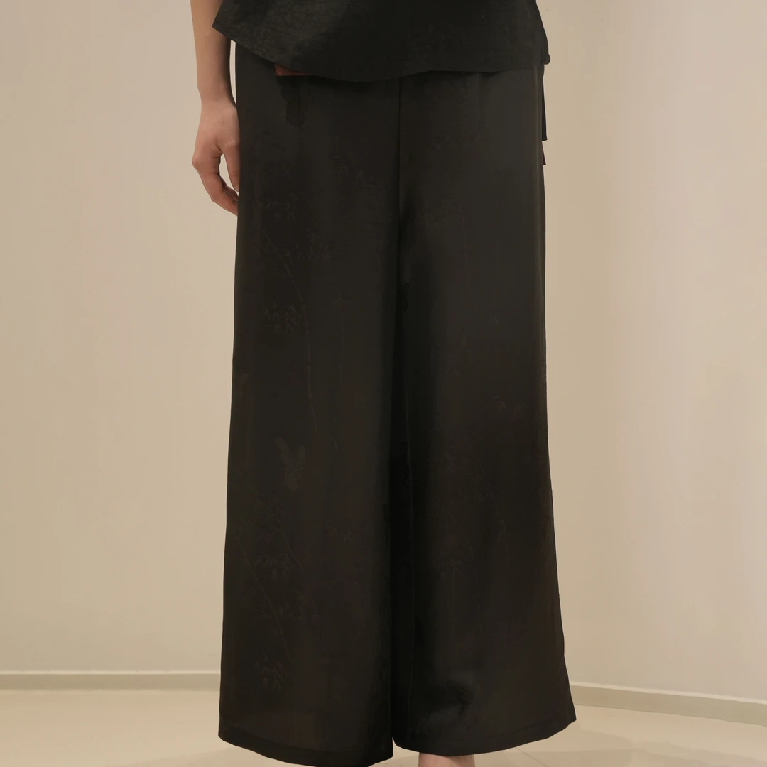 林沫溪香云纱重缎阔腿直筒裤百搭休闲时尚黑色复古中国风宽松