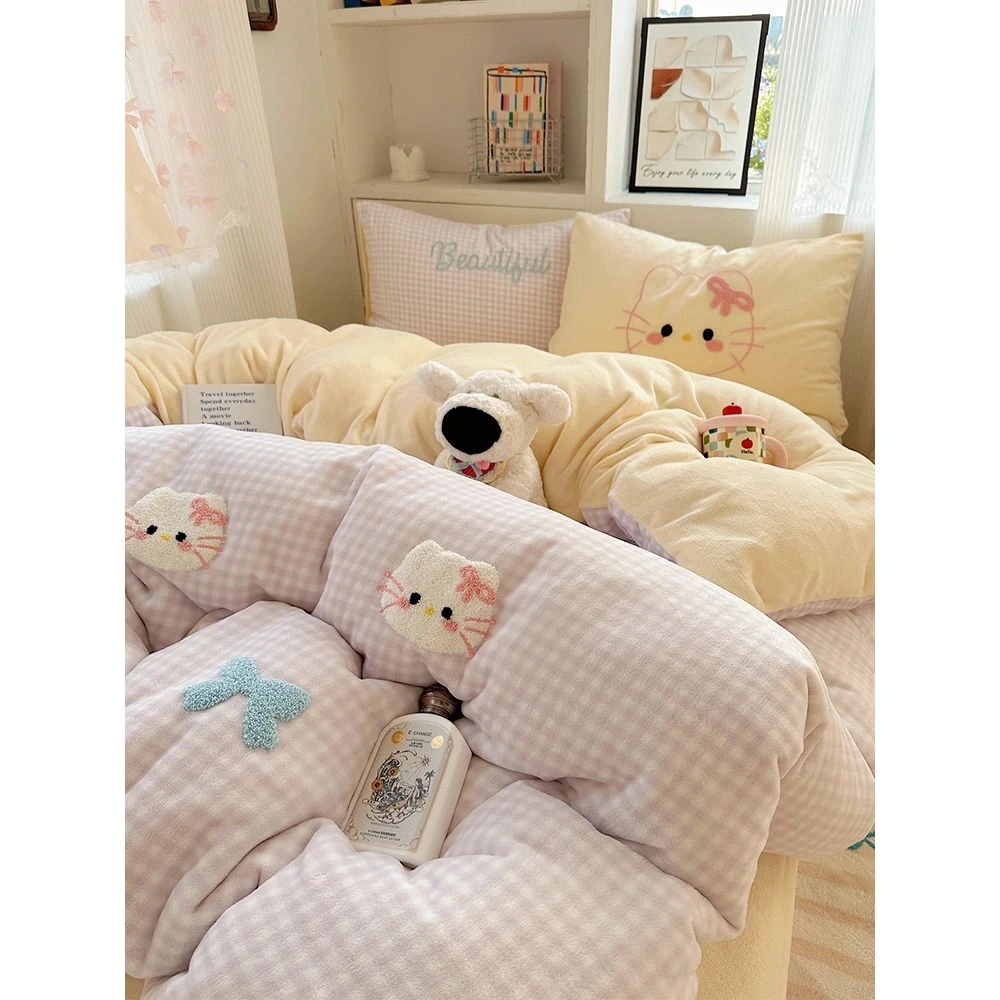 雅鹿优选【专柜同款】可爱毛巾绣牛奶绒床上四件套冬季加绒床品珊瑚