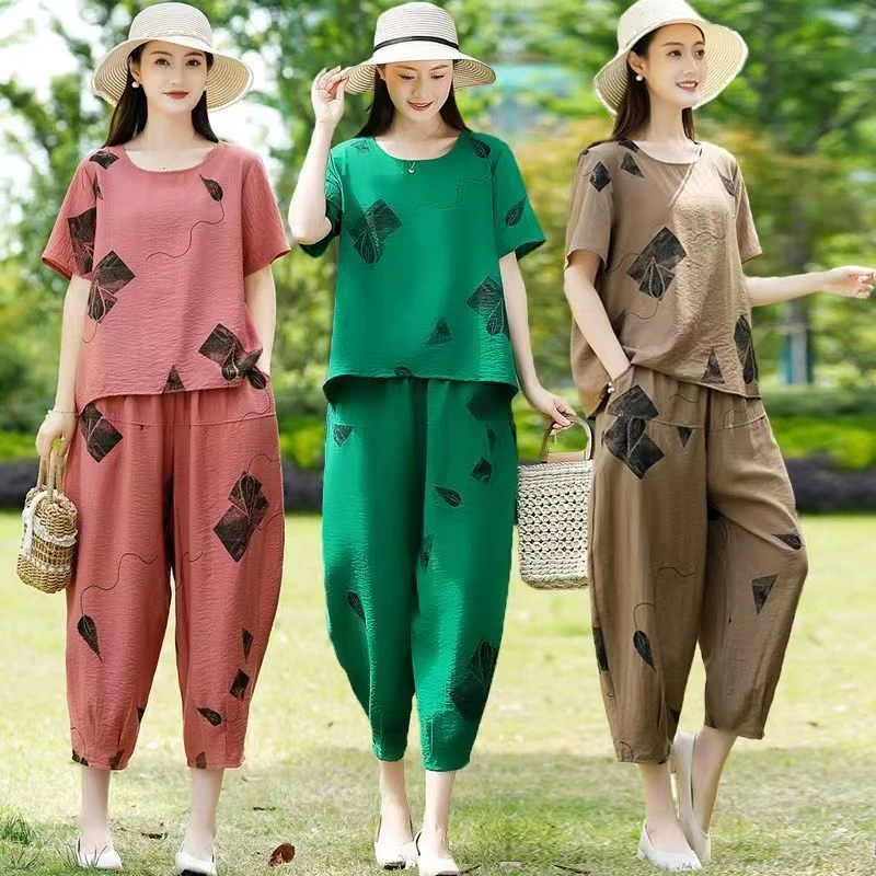 【赠送运费险】时尚名族风妈妈装夏季新款印花棉麻套装女宽松两件套