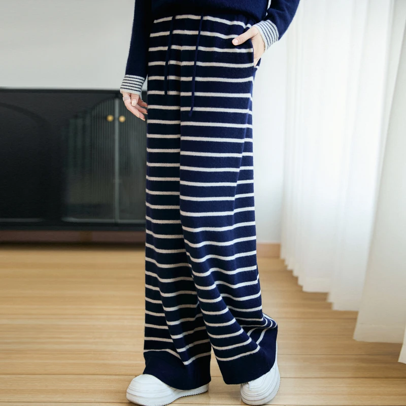 100羊毛裤子直筒阔腿裤宽松气质保暖秋冬抽绳中高腰休闲裤女