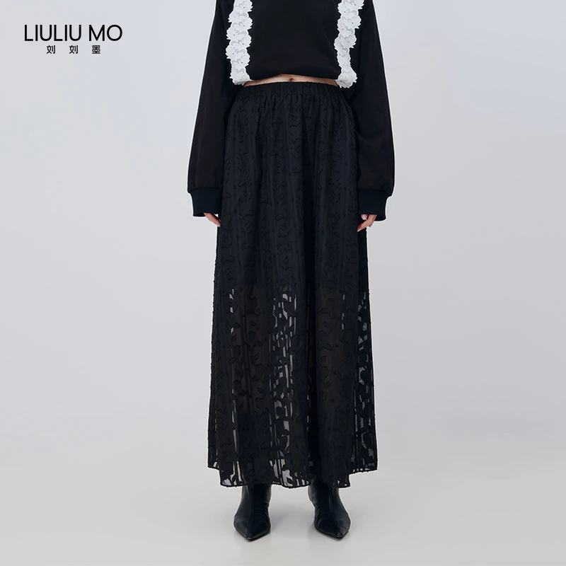 刘刘墨小众高级黑色高级通透重工烧花飘逸垂感百搭显瘦半身裙