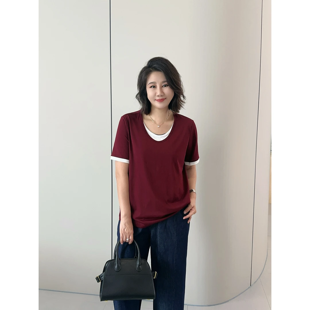 微胖女装【假两件T恤】莱赛尔雪花假两件T恤短袖上衣夏季新款20700