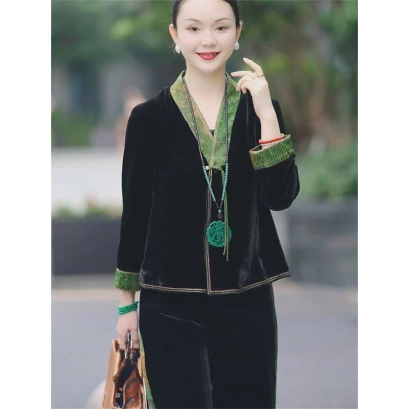 中式国风2024春季新款香云纱仿真丝丝绒短外套女汉服刺绣丝绒上衣