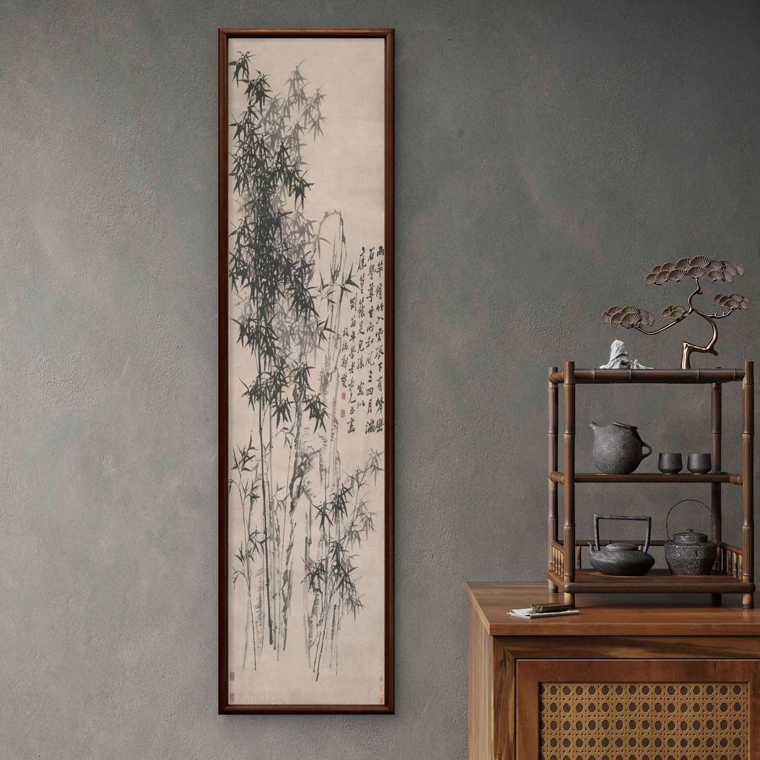 9749-50*200竹石图装饰画实木框办公室书房茶室客厅挂画