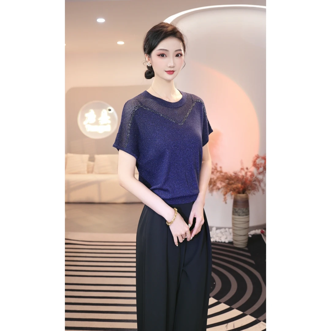 2025夏新款【LT-1170】莱塞尔透气轻奢高级蓝紫色圆领针织小衫女