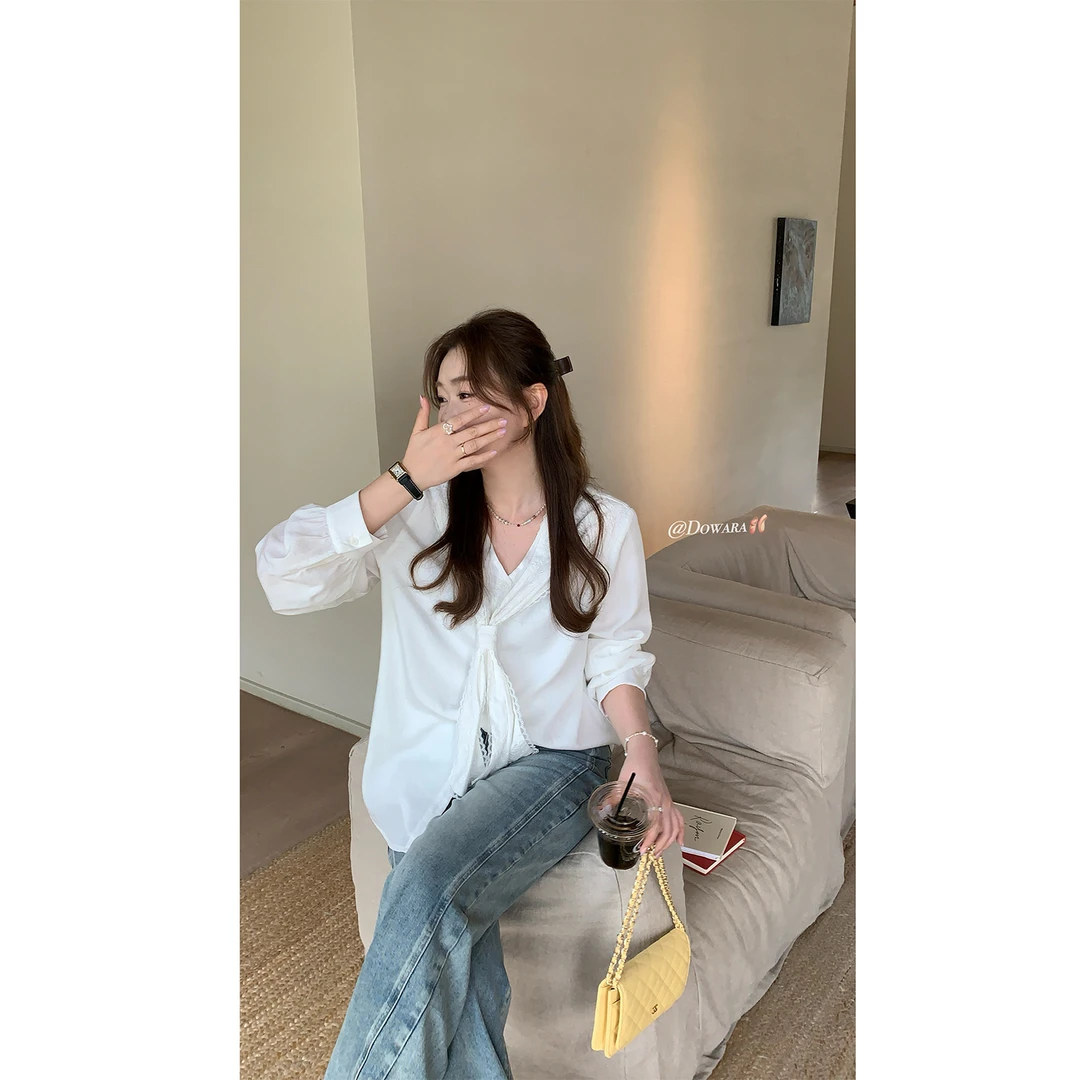 现货大婉酱微胖定制法式蕾丝花边海军领衬衫春季设计感衬衣 7788D