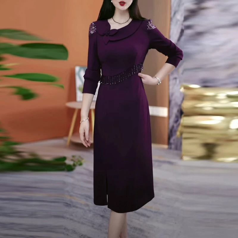 弹力精纺优雅名媛女装2025秋季新款修身显瘦时尚紫色长袖连衣裙子