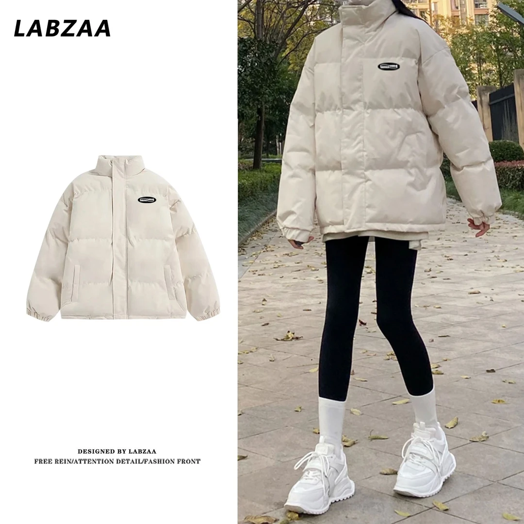 labzaa美式简约潮牌椭圆字母面包服男女宽松加绒冬季棉服棉衣外套