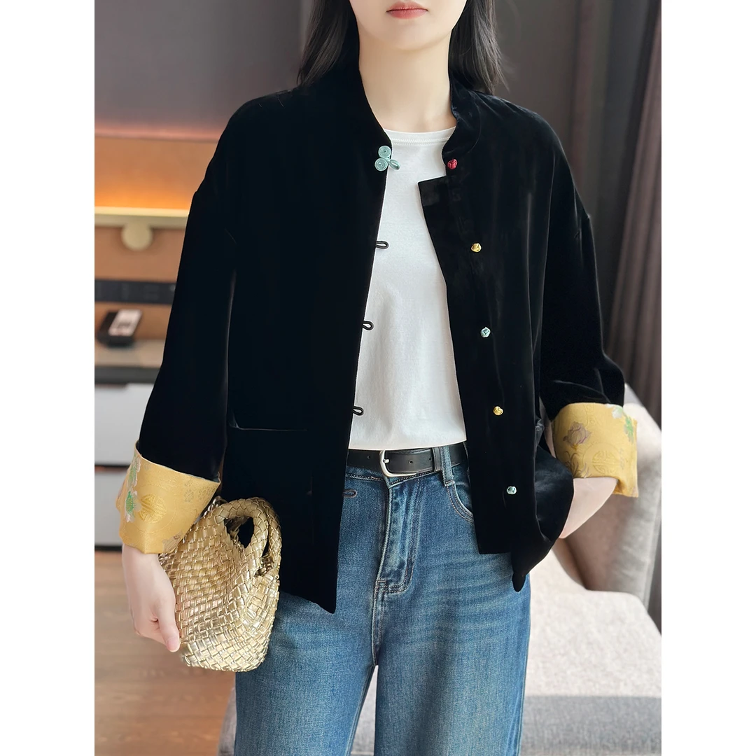 左左家 新中式彩扣立领~袖口撞色宋锦缎提花宽松真丝丝绒短款外套