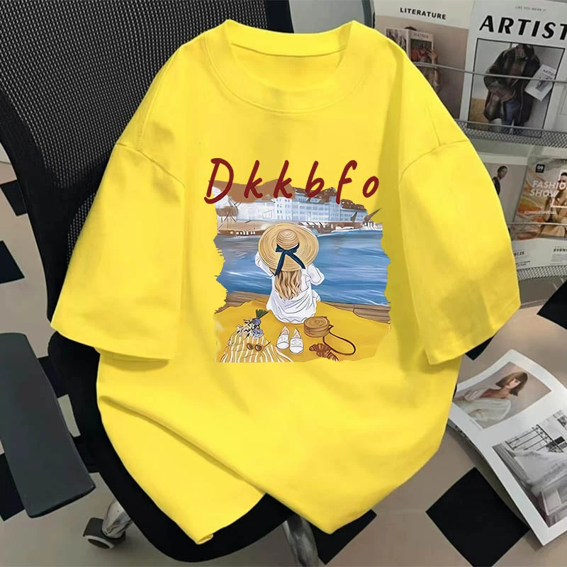 100%纯棉ins风时尚海边野餐女孩印花中大童短袖T恤百搭男女童上衣