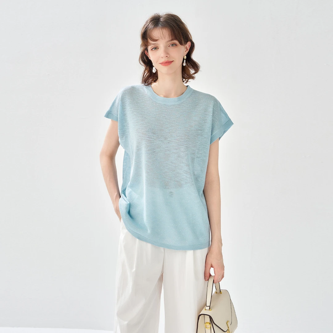 2025夏款圆领亮片针织小飞袖上衣薄款时尚透气百搭针织衫女