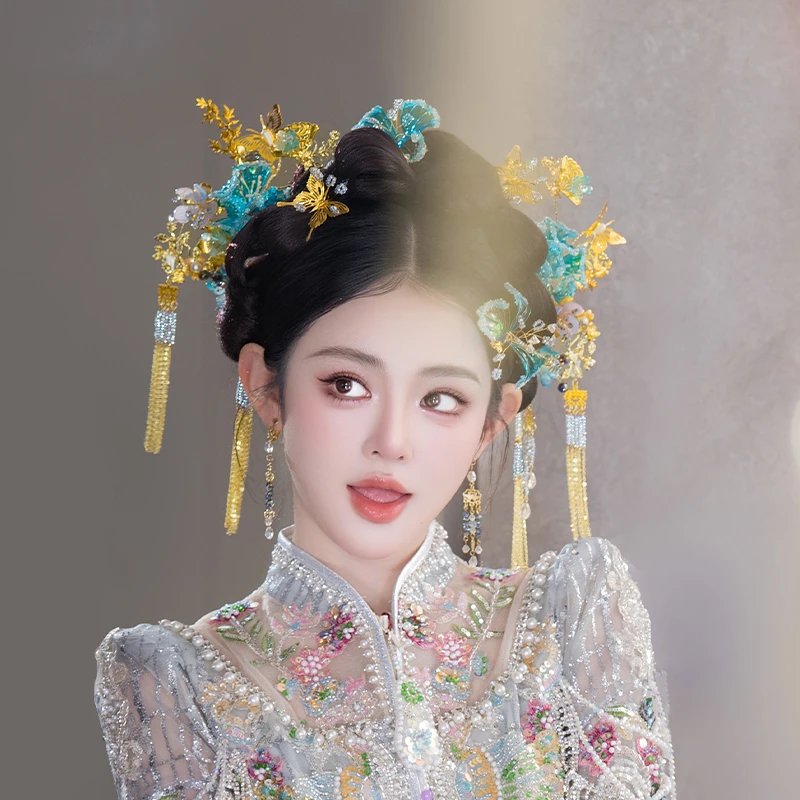 合金婚庆饰品 新娘唯美减龄浅蓝秀禾头饰中式古典流苏发簪D0454L