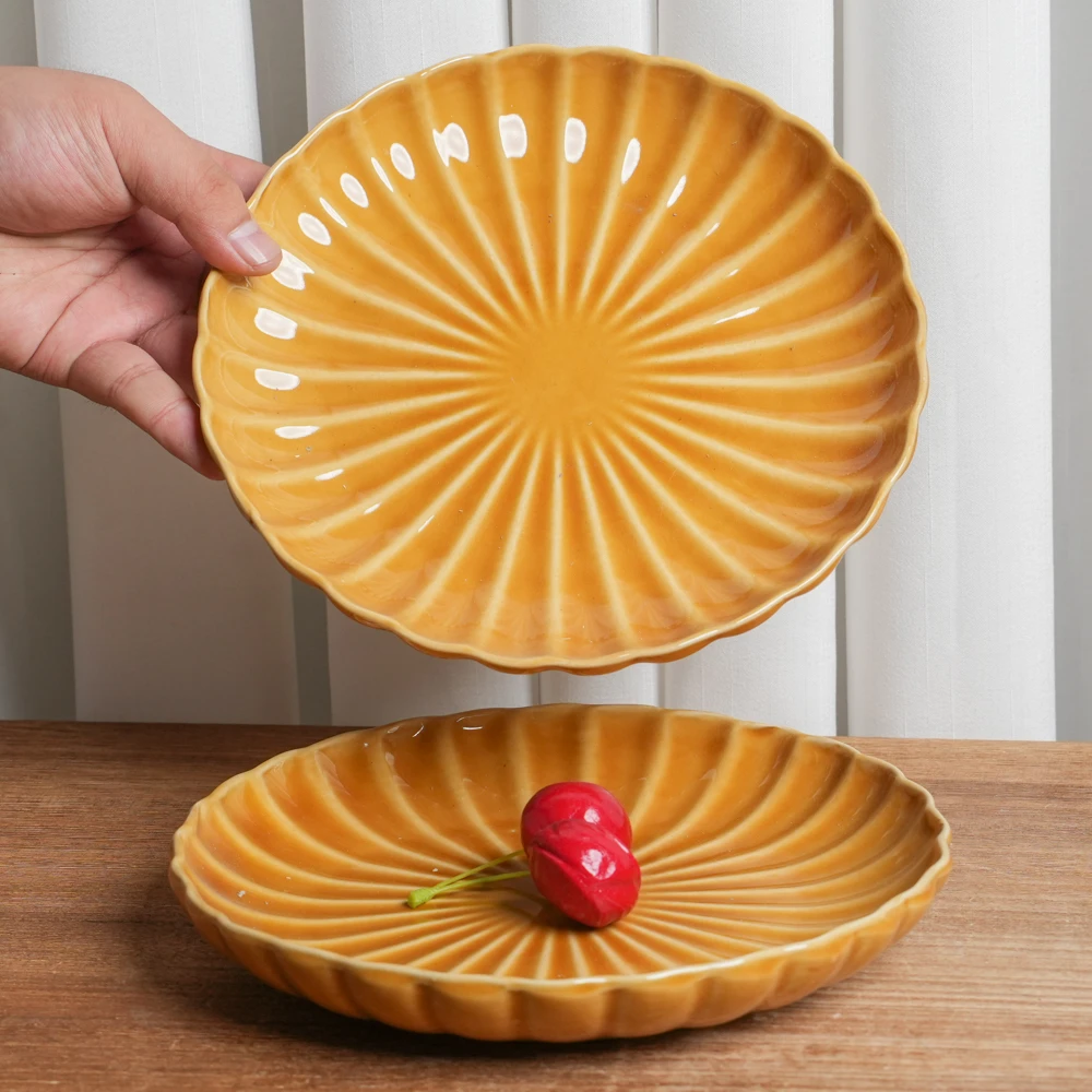 【正品】小盘釉下彩陶瓷盘家用复古窑变黄天目菊平盘颜值餐盘VKQ/11