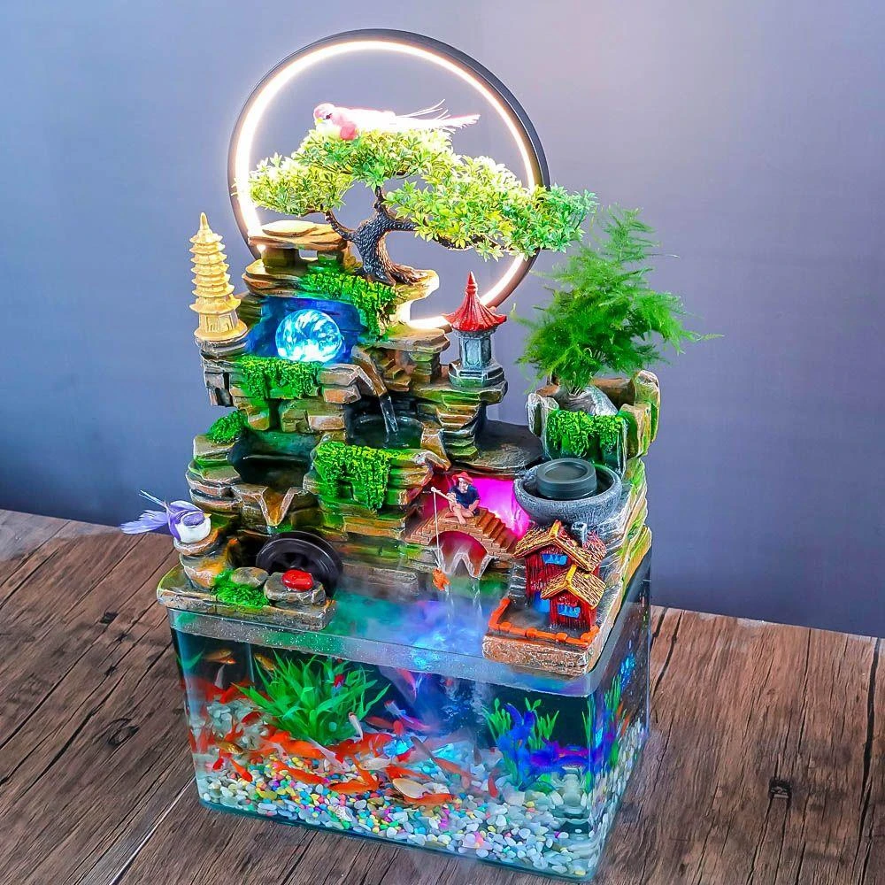 一整套玻璃鱼缸带假山循环流水喷泉家用摆件客厅办公景招财风水轮