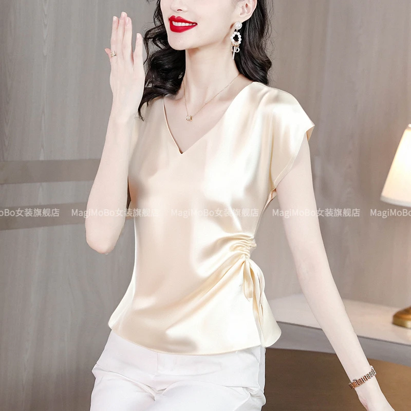 法式v领上衣女短袖t恤夏季新款醋酸缎面衬衫妈妈气质收腰显瘦小衫