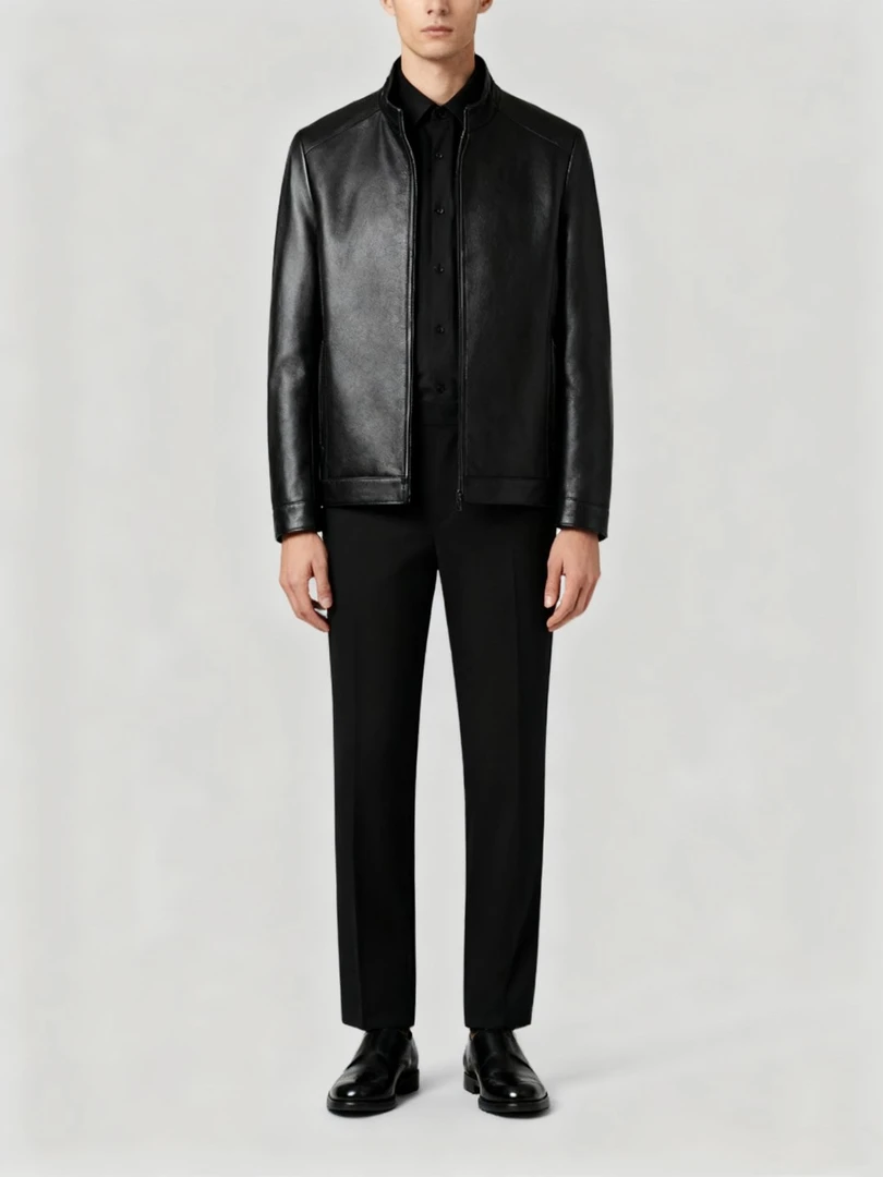 海宁头层牛皮立领真皮皮衣男时尚黑色商务休闲春秋潮流海宁皮夹克