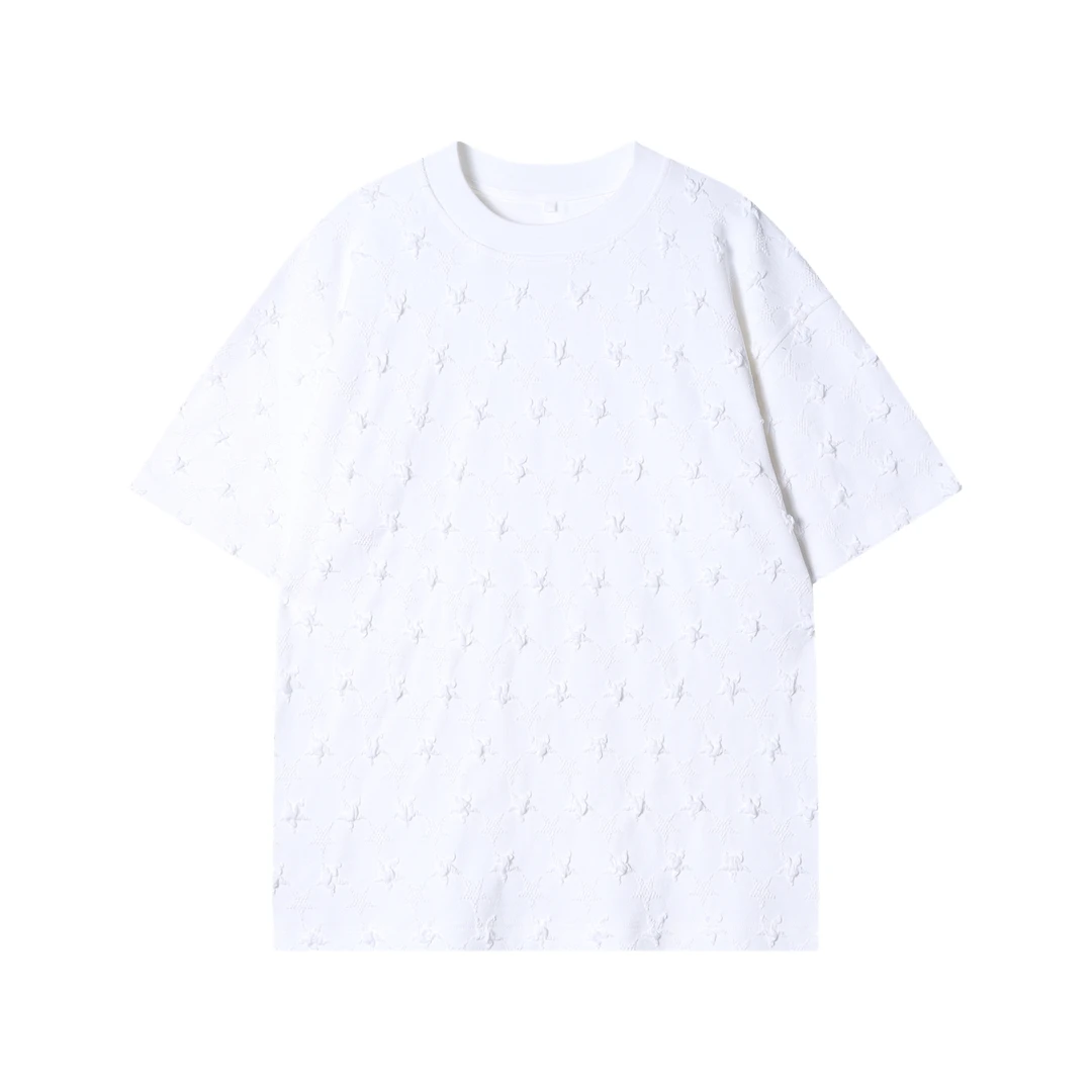 早春新款时尚个性韩版纯色褶皱纽花圆领短袖上衣百搭情侣上衣潮