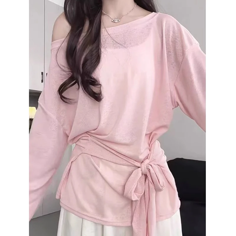 慵懒风粉色斜肩长袖T恤女夏季微透外搭薄纱防晒罩衫收腰上衣系带