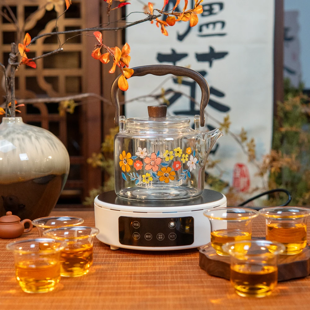 繁花高硼硅玻璃茶水壶围炉煮茶电陶炉煮茶器茶具套组透明养生壶