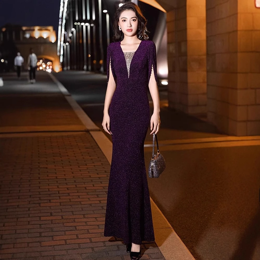 紫色妈妈装晚礼服女2025轻奢新款高端喜婆婆婚礼鱼尾订婚礼服女