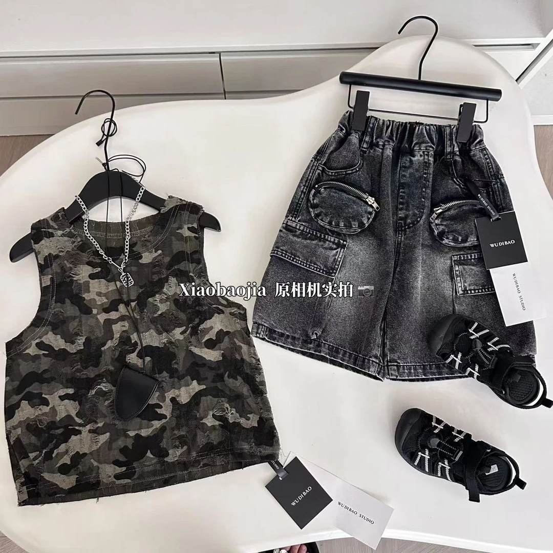 口袋工装风男童牛仔短裤2025小宝家新款宽松韩版个性街舞潮酷短裤