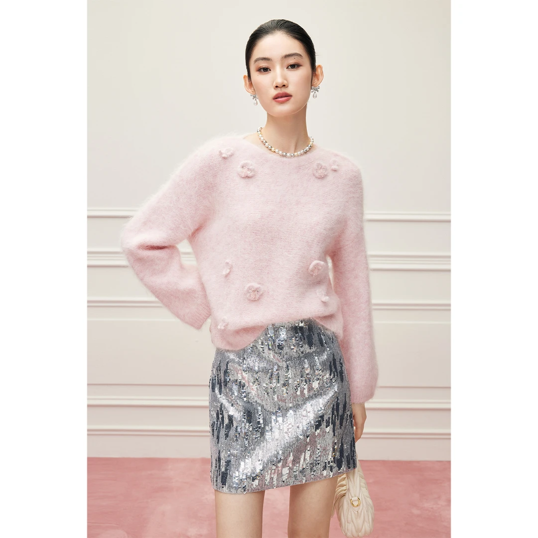 【CC王专属】MandyZhang羊驼毛圆领粉色针织衫女秋冬毛衣MT0748