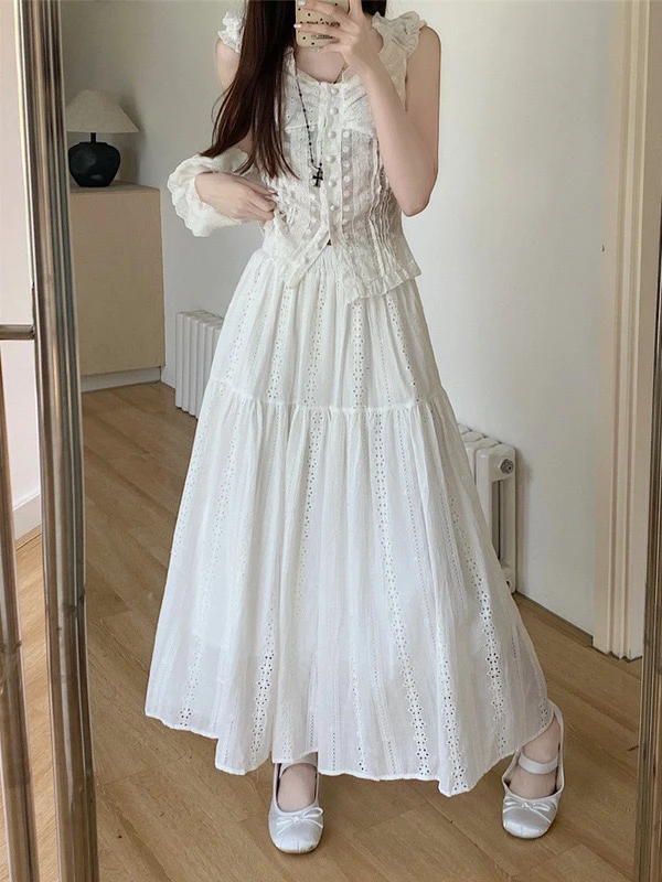 高腰显瘦a字裙中长款钩花镂空拼接半身裙女网红洋气炸街女装