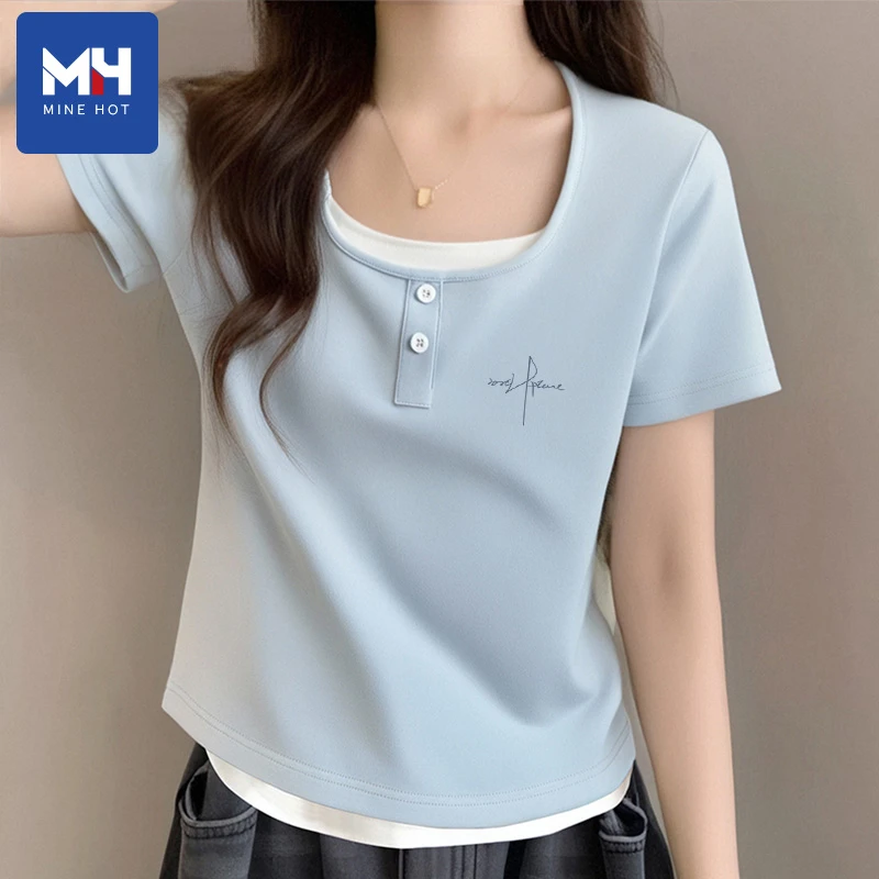 唐狮集团MH短袖t恤女夏季时尚百搭蓝色方领假两件设计感气质上衣