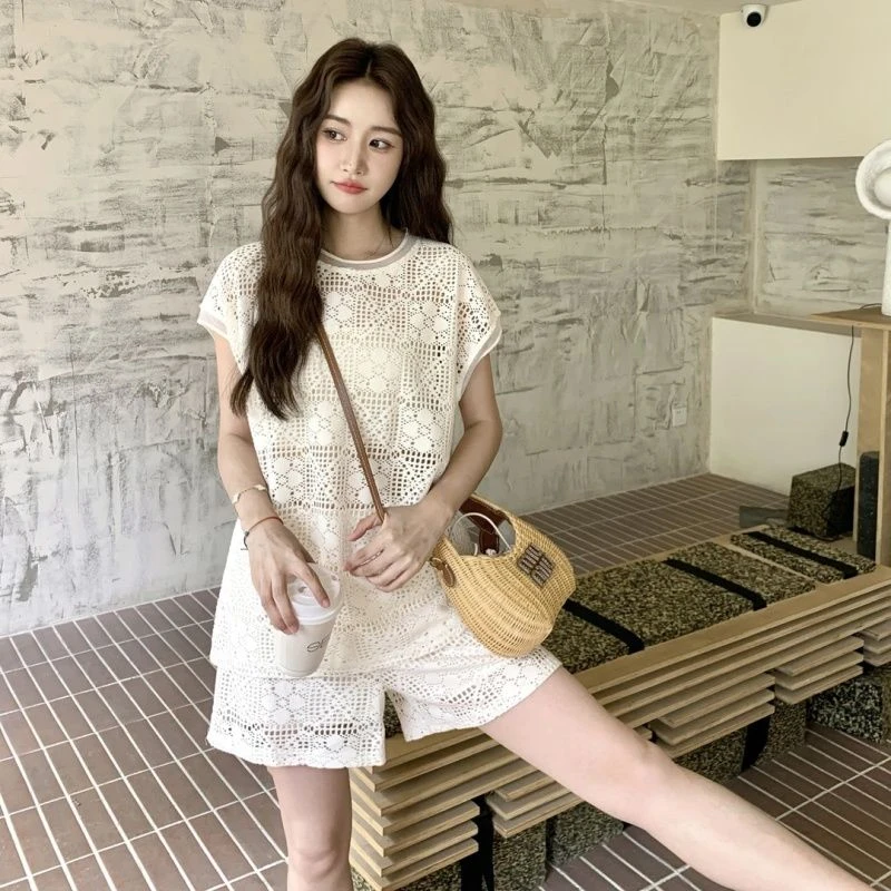 高级感重工蕾丝套装三件套女夏薄款 短裤短袖百搭
