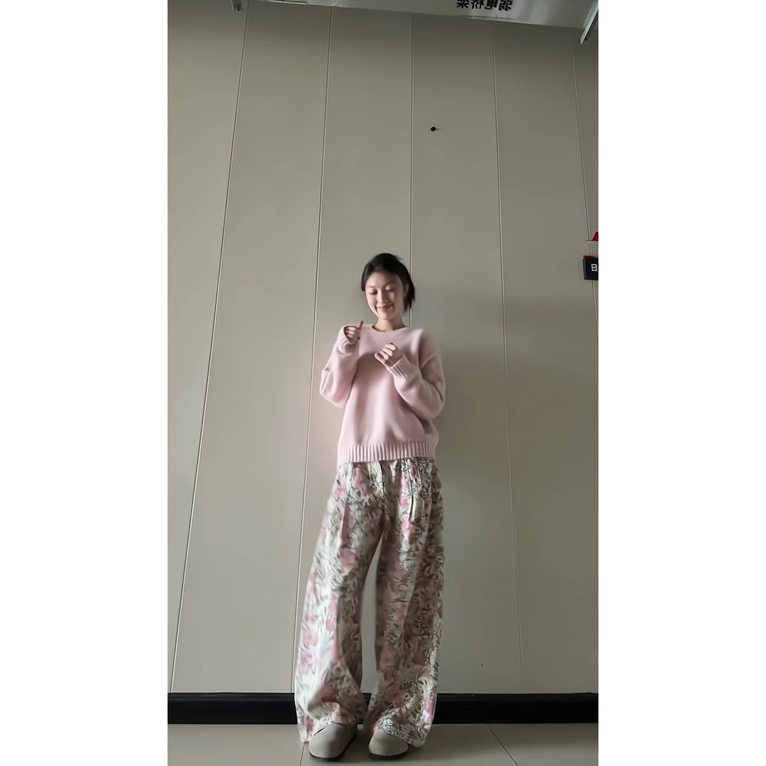 韩系圆领长袖毛衣女秋冬内搭可外穿针织衫上衣碎花高腰阔腿裤长裤