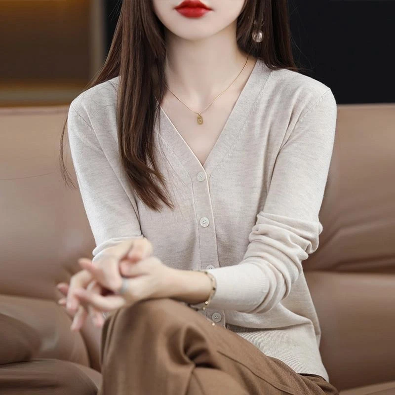 夏秋季薄款V领长袖开衫外套防紫外线宽松百搭打底防晒衣空调衫