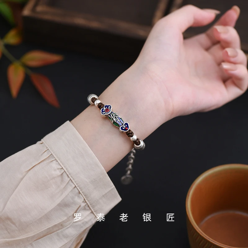罗泰老银匠 足银珐琅手链 999纯银如意手链女款国风手工编织手绳