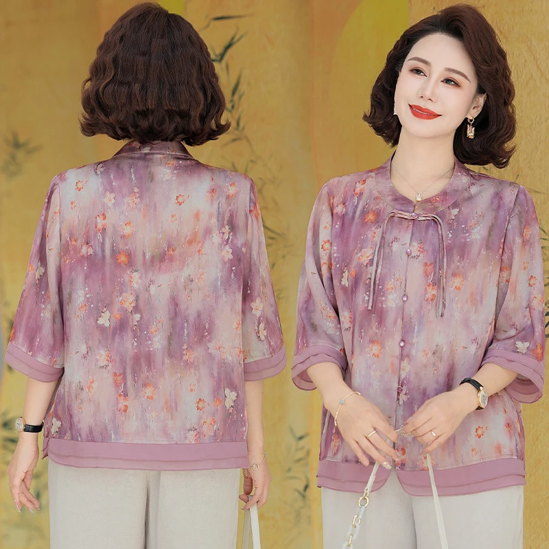 夏季时尚洋气夏装休闲印花复古薄款百搭中年显瘦大码妈妈装新中式
