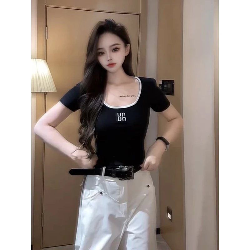 【ZHAP】设计感小众镂空露背短袖t恤女黑色日系通勤慵懒风chic显瘦