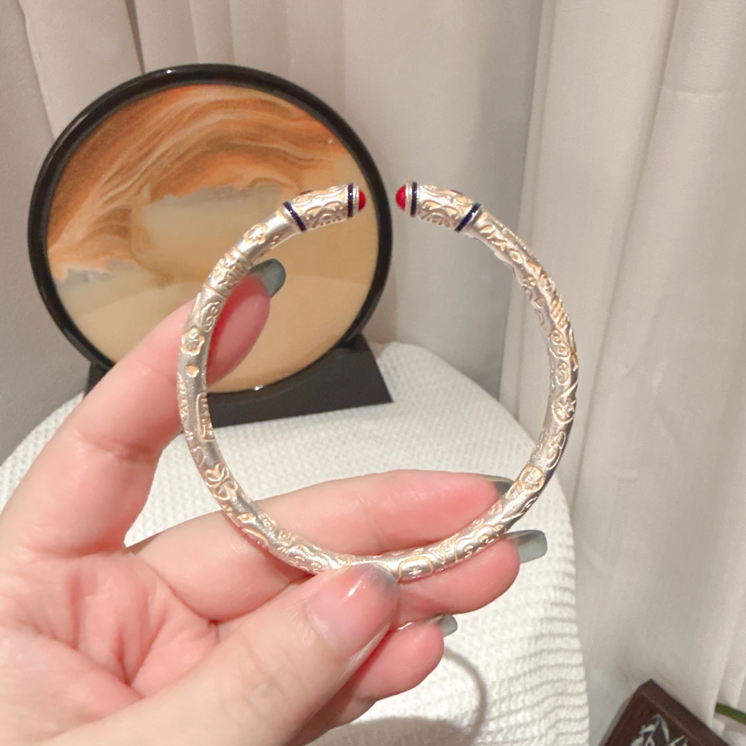 足银手镯 9999足银手镯女古法实心开口国风描金唐草纹喜乐珐琅