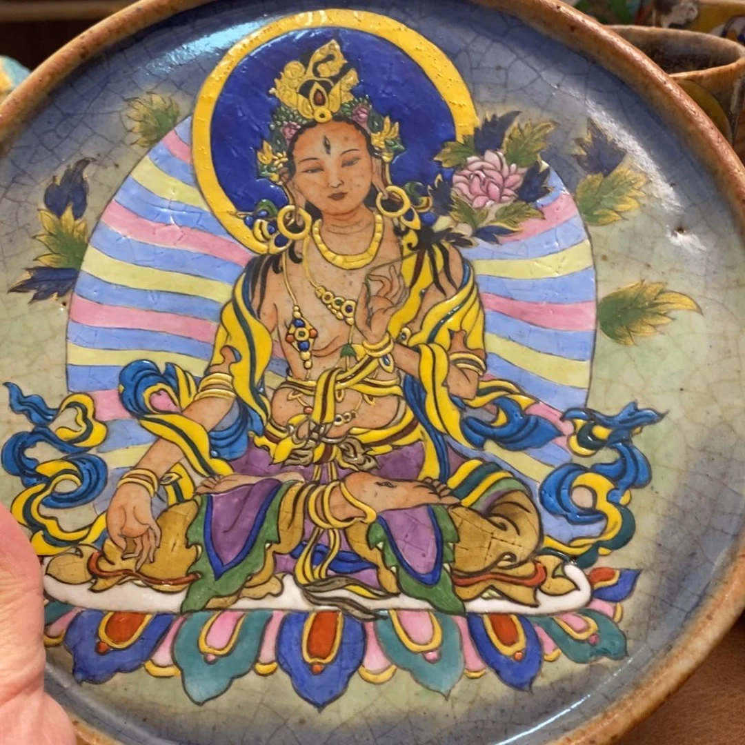 手工手绘白度母茶盘