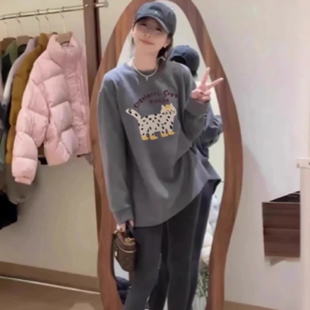 2024冬款加绒加厚打底T恤卫衣慵懒韩系百搭胶印卡通图案外穿内搭