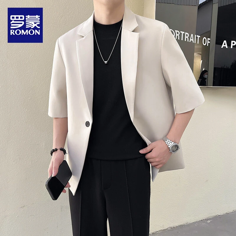 罗蒙春夏季轻熟风中袖西装宽松舒适外套修身男士休闲短袖潮流上衣