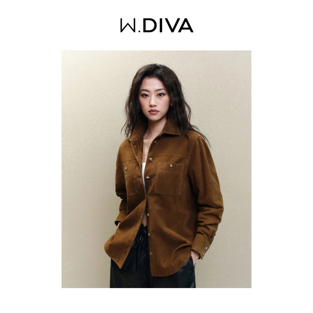 W.Diva【埃塞尔比亚】咖色复古休闲显瘦绒面小羊皮外套女1CDM31130