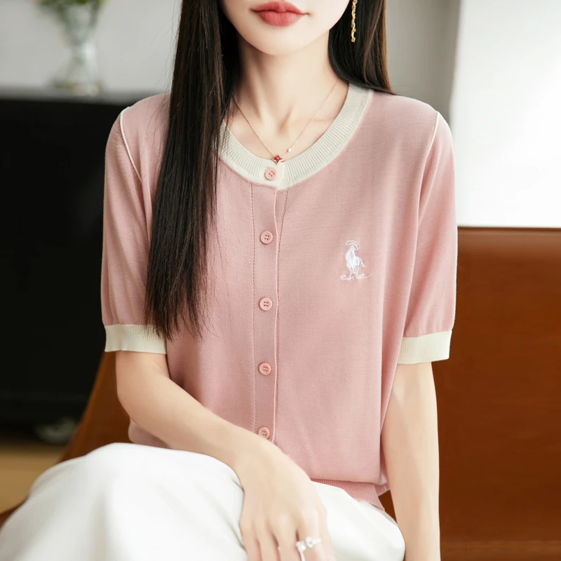 鄂尔多斯市纯100桑蚕丝刺绣拼色开衫女装夏季新款冰丝短袖T恤上衣