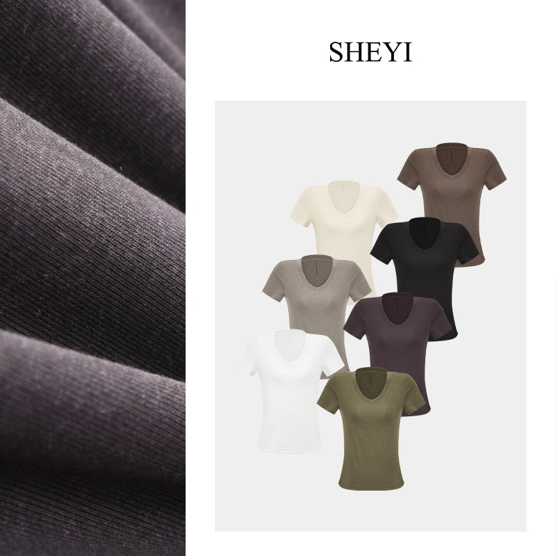 【V领纸片人】亚麻+天丝正肩显瘦露锁骨短袖T恤夏季百搭修身上衣女